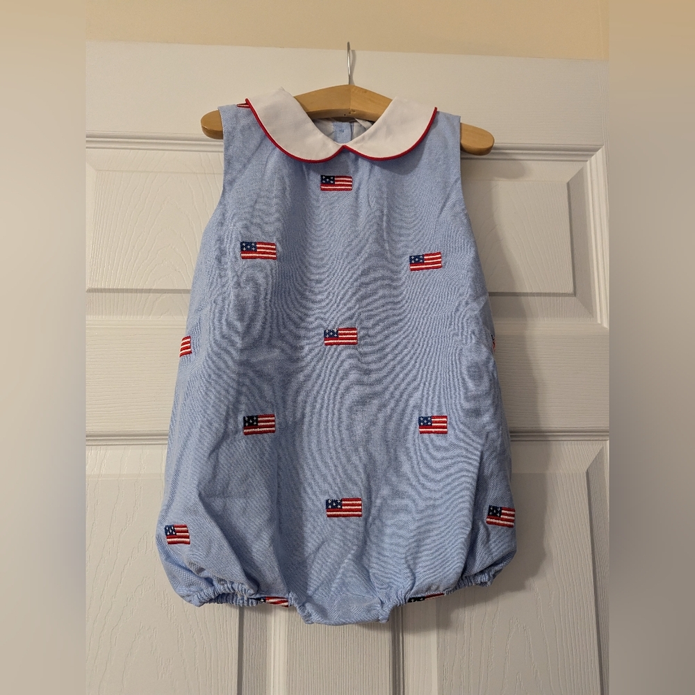 Blue Seersucker Flag Bubble Romper with Peter Pan Collar